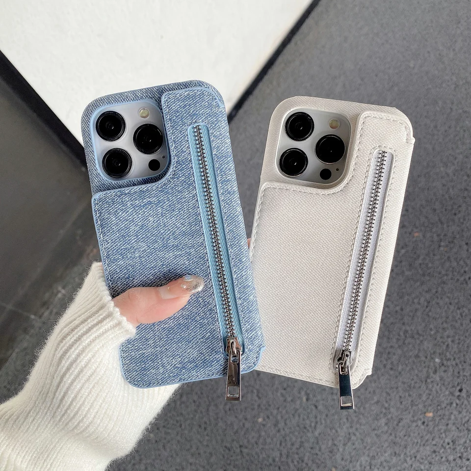 Zipper karty Solt Wallet Denim puzdro pre iPhone 15 Pro Max 14 plus 13 12 Mini 11 6 7 8 SE 2022
