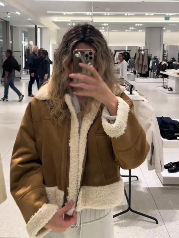 Zipper obojstranná bunda Suede Brown Fleece Krátky kabát kožušina integrované motocyklové bundy vreckové trendy dám