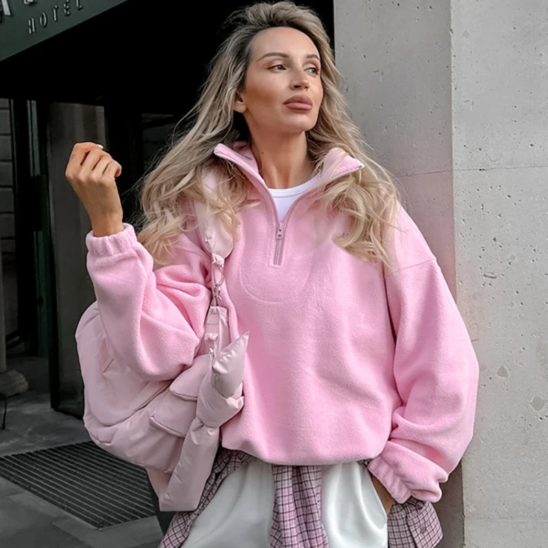 Zips ružová mikina žena módna pullover s nadmernou kapucňou Y2K Street Style Ženy fleece zimné kabáty bundy