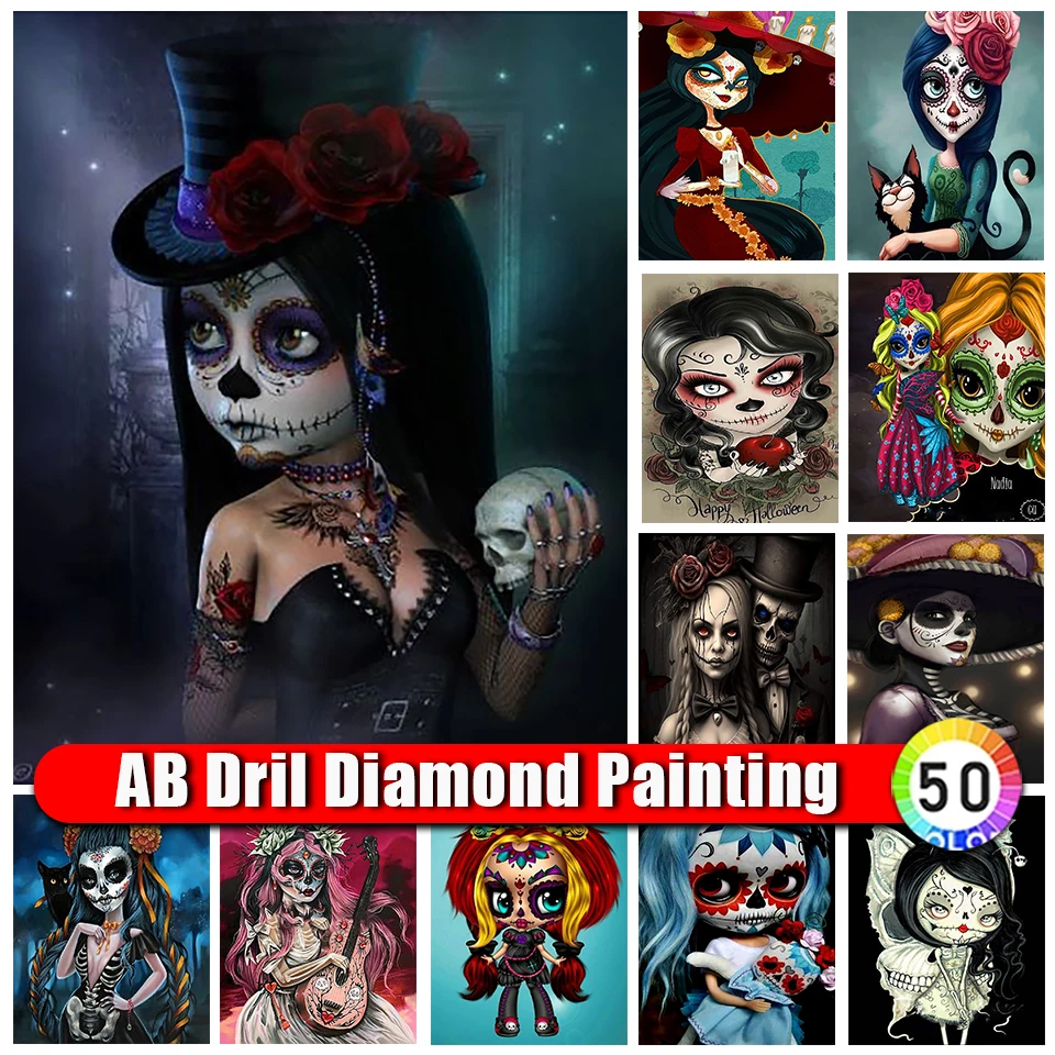 Zipsová taška 5d ab diamant maľba karikatúry Halloween Diamond výšivka mozaika lebka Girl Obrázok kamienok DIY DOM DOM DOM