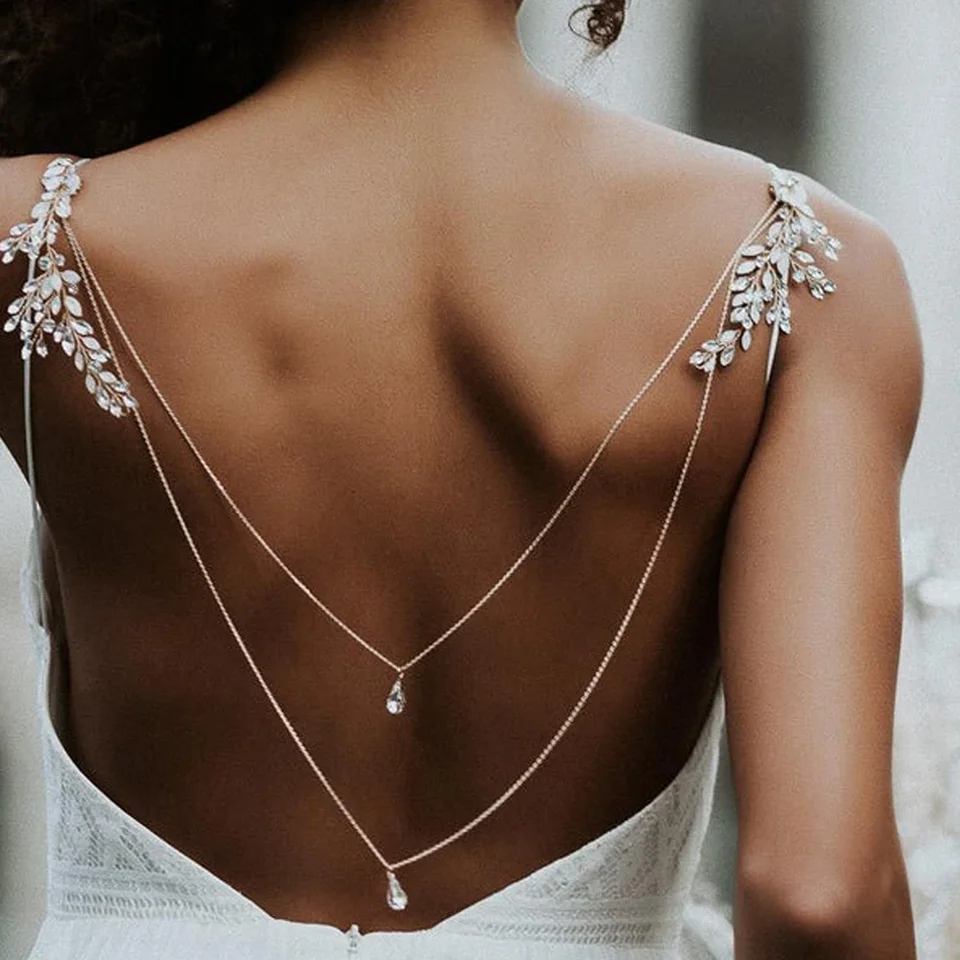 Zirkón Tassel prívesok zadný reťazec náhrdelník pre šaty bez spätnej vody kvapka kvetina kvetina krištáľový ramenný reťaz tela šperky svadobné boho