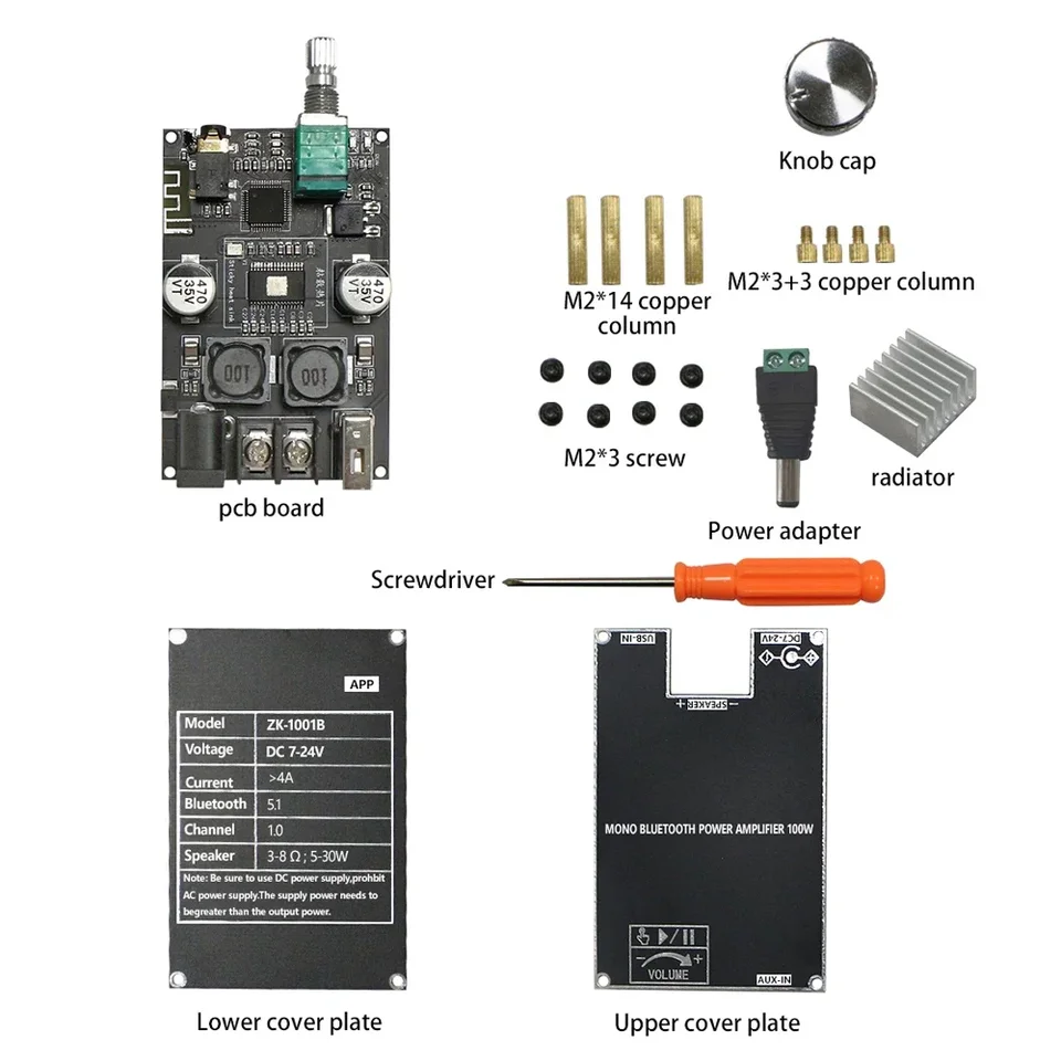 ZK-1001B MONO 100W Bluetooth 5.1 Audio výkonový zosilňovač DC7-24V Power zosilňovač čip TPA3116 s funkciou boxu TWS