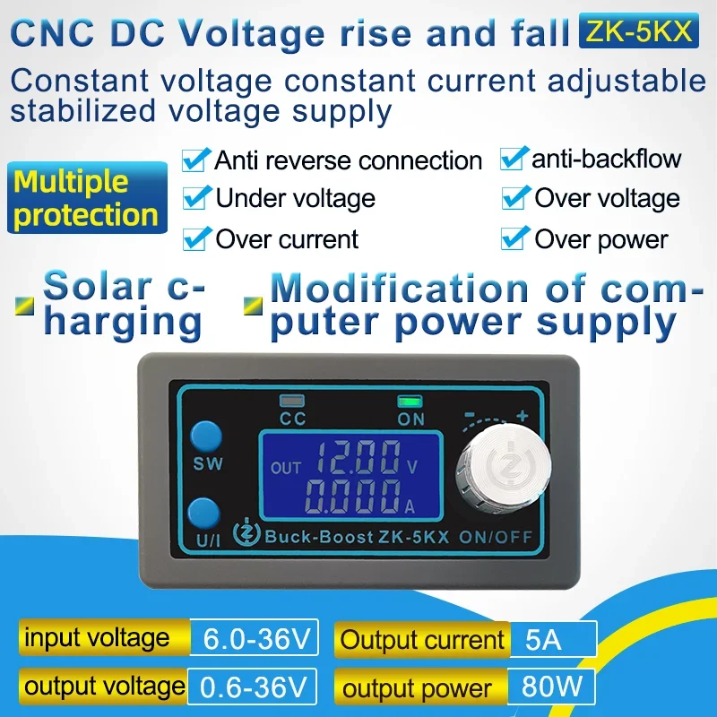 ZK-5KX DC DC DC Buck Boost Converter CC CV 0,6-36V 5A 5V 6V 12V 24V 80W Výkonový modul nastaviteľný regulovaný pre modul Arduino Board Modul