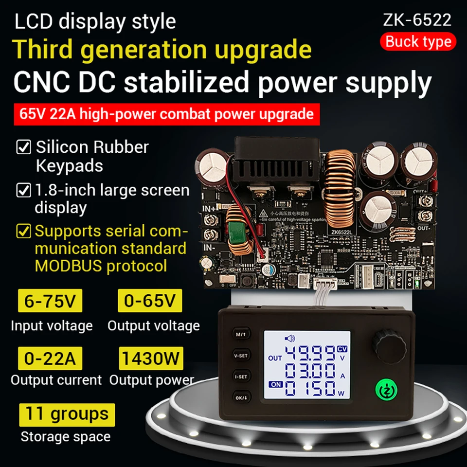 ZK-6522 CNC Buck DC DC Regulačný regulátor konštantného napätia Konštantný prúd 22A/1400W Modul Vstupné napätie DC6-75V