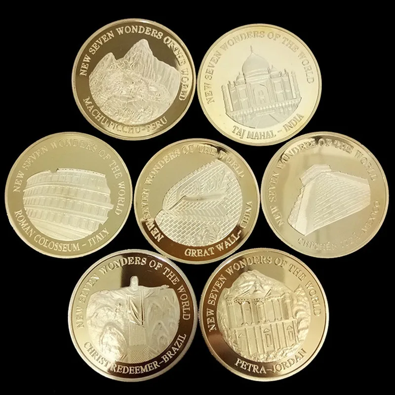 Zlatená pamätná medailon siedmich zázrakov Zberateľná umelecká móda darček Lucky Coin Metal 2007