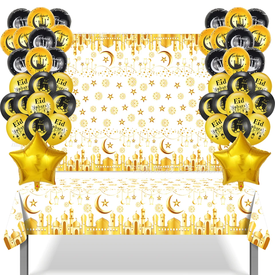 Zlato Eid Mubarak Taveware na jednorazový obrus Latex Balón zlatá hviezda Balón pre Eid Mubarak Islamic Moslimský festival