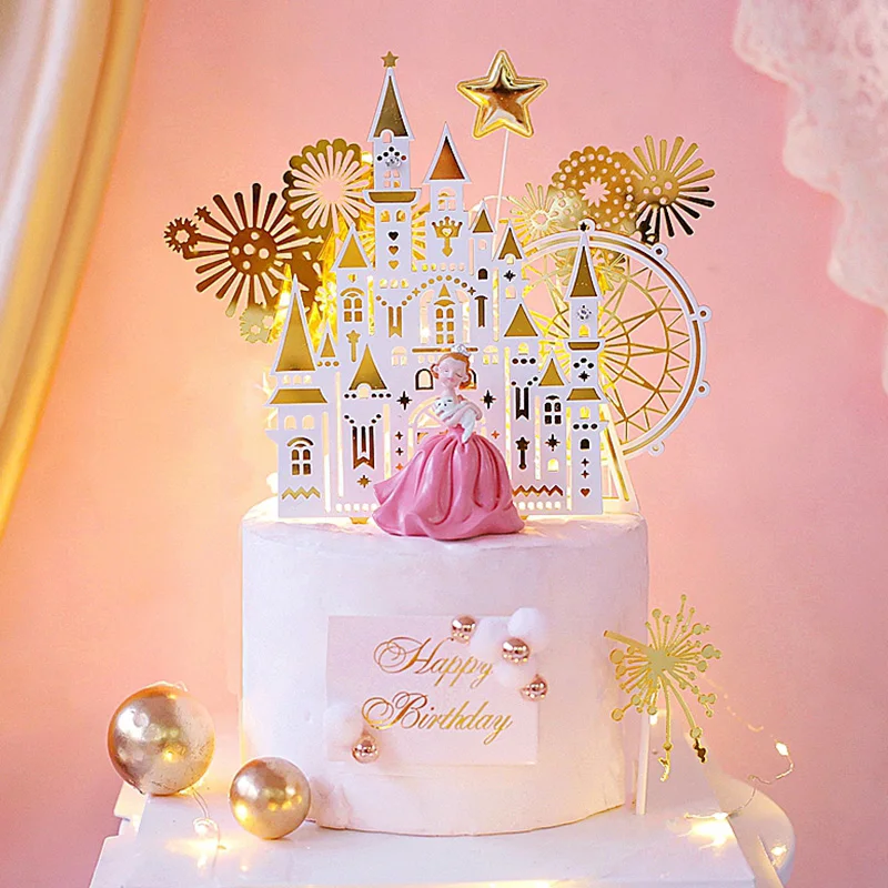 Zlato Ferris Wheel Castle Birthday Cake Topper šťastné 1. narodeniny Party Girl Darček pre bábätko Svadba dekor