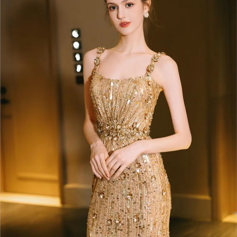 Zlato Nový banketový temperament hostiteľom šaty Fishtail Toast Dress