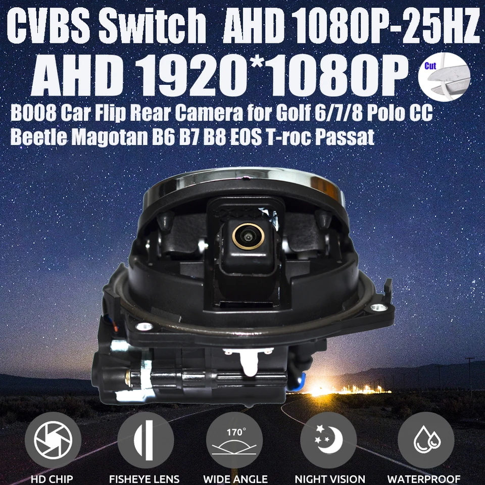 Zlato rybárske 170 ° AHD 1080p Flip Emblem Reverzný záložný fotoaparát pre VW Passat CC Golf 6/7/8 Magotan B6/B7/B8 Polo Beetle EOS T-Roc