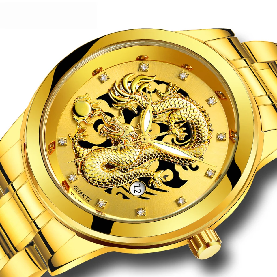 Zlato Watch Men Wristwatch Steel Witerproof Business Quartz Dragon Watch Nonuatomatic Dátum Mužské hodinky reloj Hombre Pánske hodinky