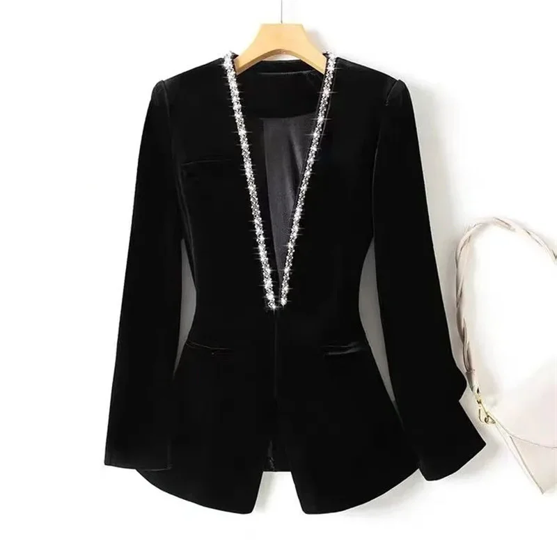 Zlato zamatové korálkové ženy Blazer 2024 NOVÝ Kórejský módny jeseň na jeseň s dlhým rukávom Kancelárske práce Blazers Lady Jackets Coat Female Tops