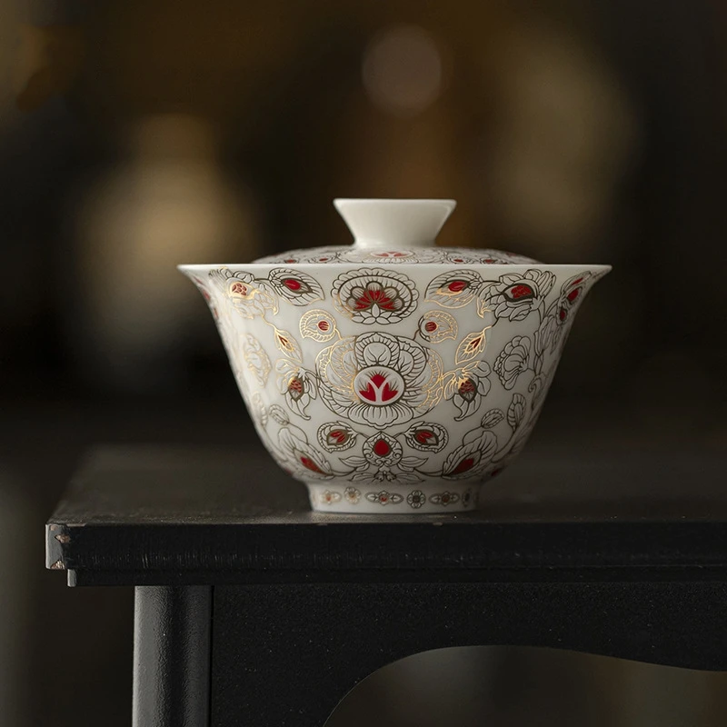 Zlatá a červená gaiwanová súprava na čaj porcelánu čínsky Jingdezhen Tureen Teaware Tea Tea Misku