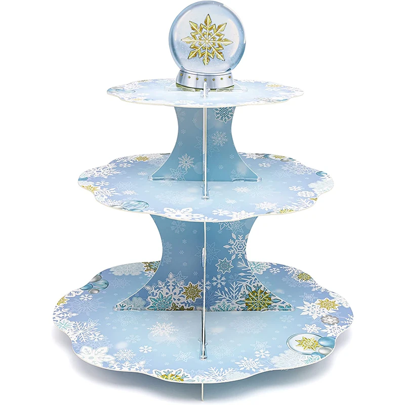 Zlatá modrá biela vianočná párty Snowflake Cupcake Stand Displej Zimná zázračná párty dekorácia Zmrazená narodeninová torta podávajúca podnos