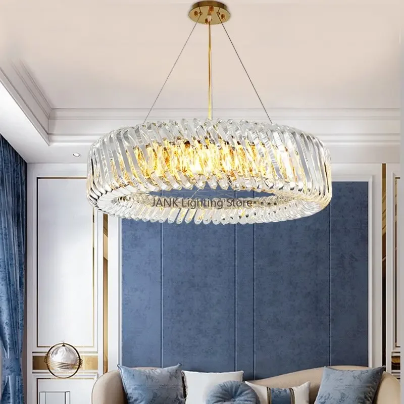 Zlatá z nehrdzavejúcej ocele krištáľový luster pre obývaciu izbu Študijná spálňa Round Pendant Lights Chrome Home Decor Lamps E14