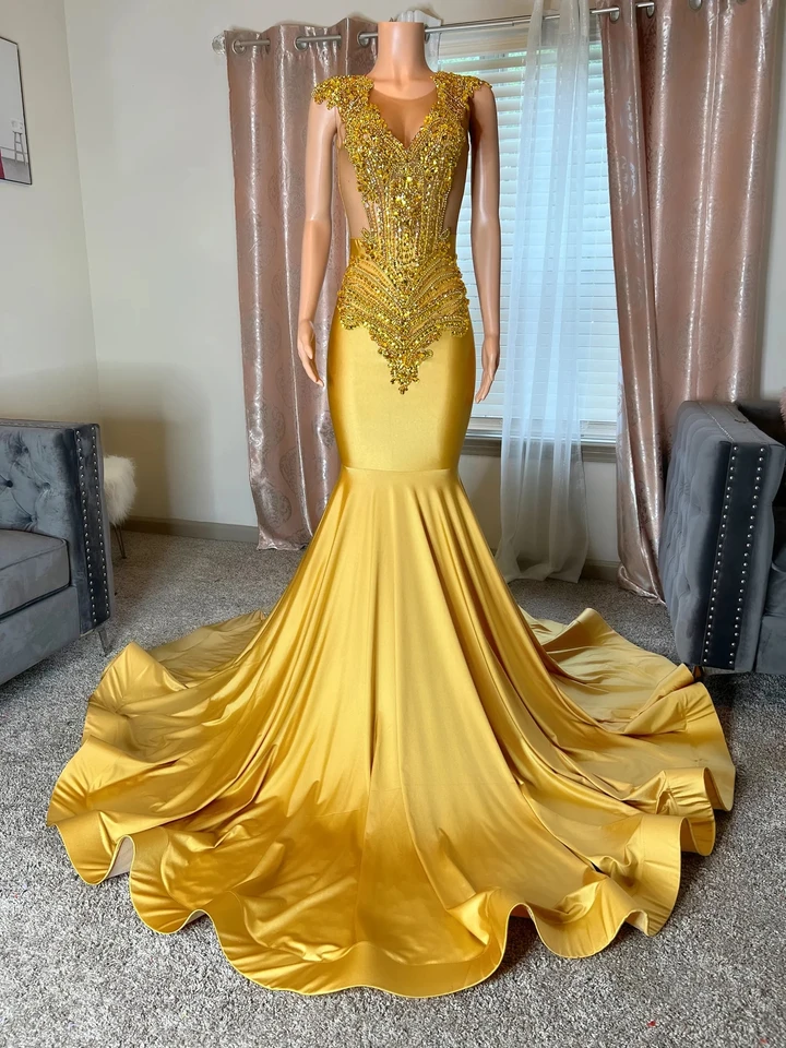 Zlaté africké americké plesové šaty Mermaid číry korálkový kryštál Luxusné čierne dievčatá Rupe de Soiree večerné šaty Prispôsobené