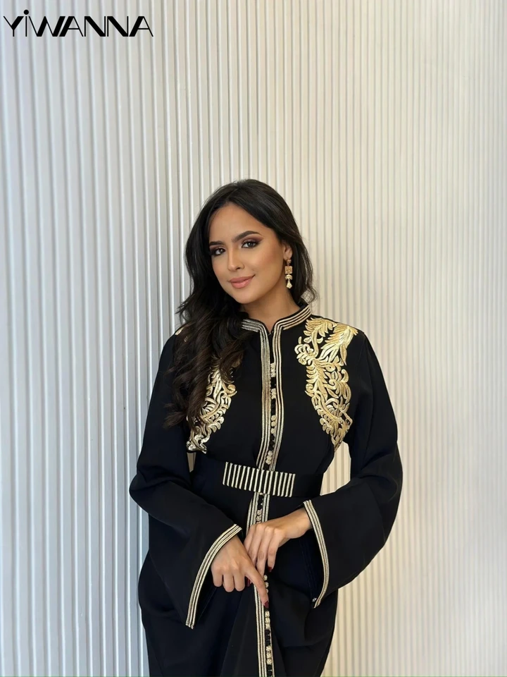 Zlaté aplikácie plesové šaty moslim vysoký golier kokteilový šaty saténový marocký kaftan večerné šaty prispôsobené robe de mariée