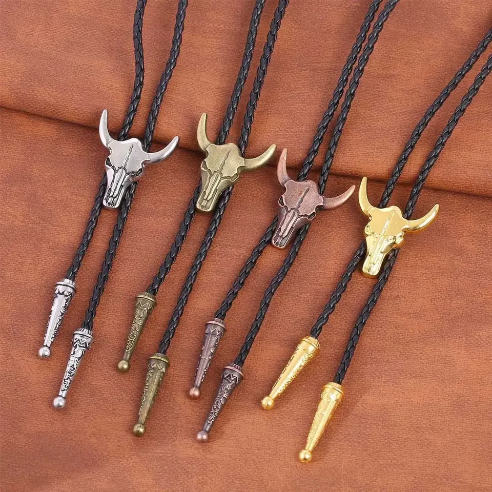Zlaté kravaty pre mužov americké kovbojské odevné príslušenstvo kravata nastaviteľná býk hlava Western Cowboy Bolo kravata prívesok náhrdelník