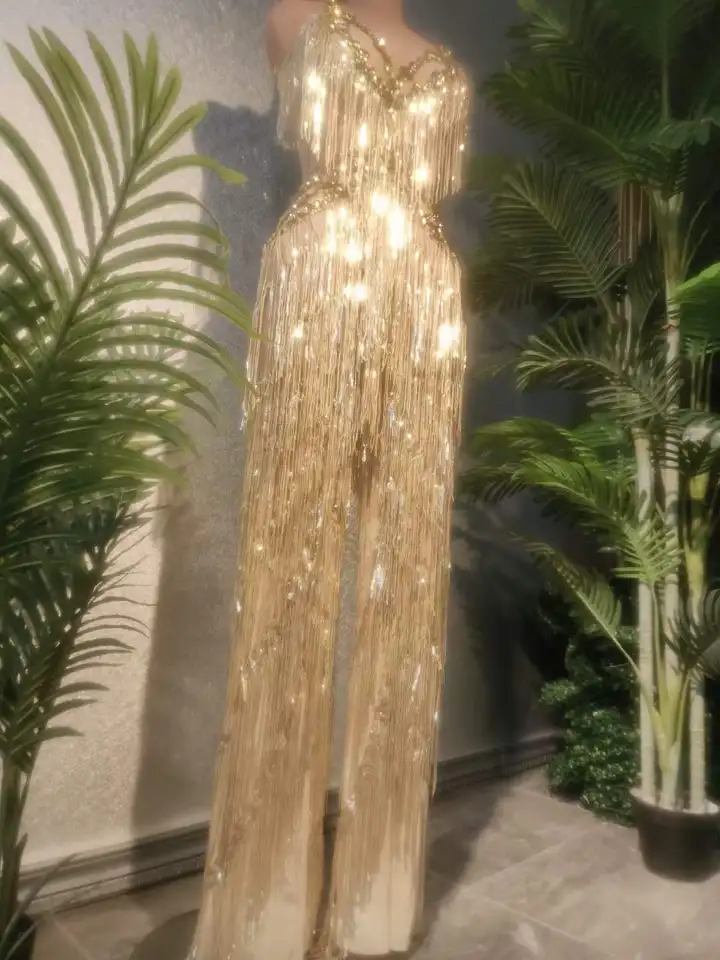Zlaté okrajové ženy Dlhé šaty Fližby Sparkly Singer Stage