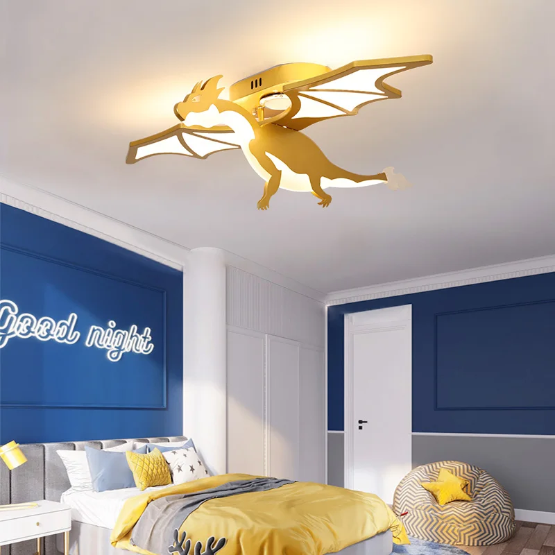 Zlatý dinosaurus Fire Dýchanie drakov stropné lampy Led Detská izba Light Boy Spálňa škôlky lietajúce draka stropné svetlá