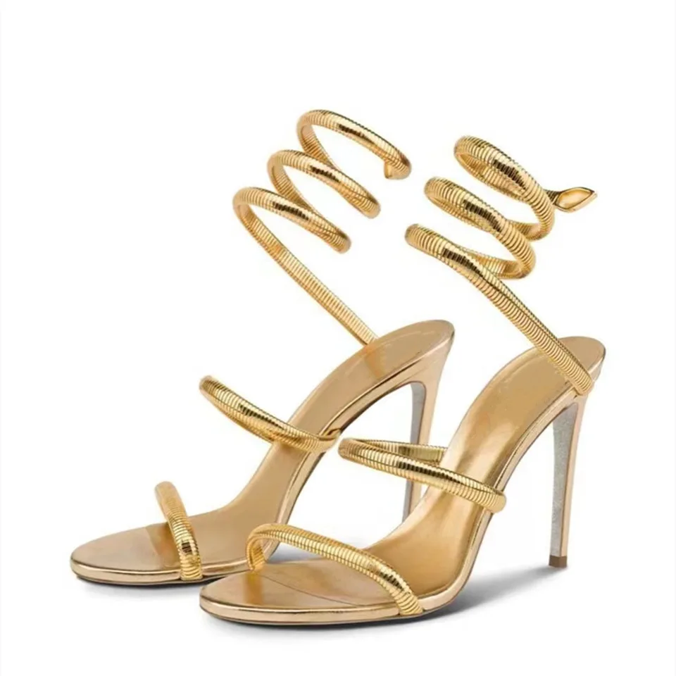 Zlatý had v tvare zabalený členkový členok Stiletto sandále Žena Summer 2025 Otvorené špičky vysoké podpätky Svadobné svadobné topánky módne luxusné čerpadlá