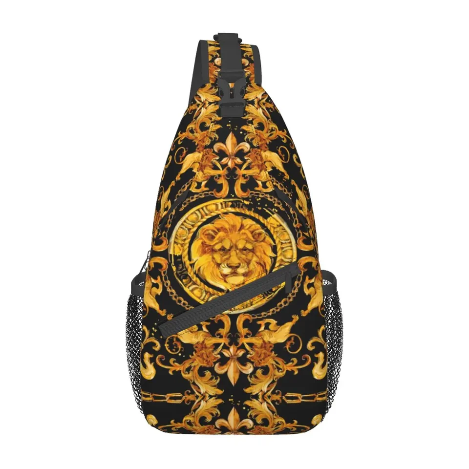 Zlatý lev damask malé praky vrecia na hrudník Crossbody rameno batoh vonkajšie športové denné bathy luxusné muži žien, satchel
