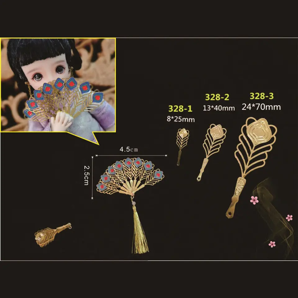 Zlatý medený páv perie Feather Skladacie mini fanúšik hračky pre bábiky Miniatúrne DIY výroba