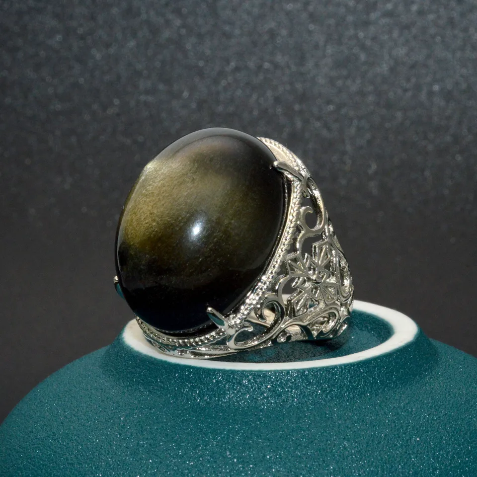 Zlatý obsidián Exorcise Zlá ducha šperky veľkú veľkosť kovový prsteň 18x24mm oválny tvar nastaviteľný pánsky prsteň luxusný šperk darček