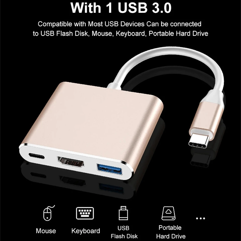 Zlrlmhy typu C 3-v-1 prevodník typu C až 3.0 HUB HDMI kompatibilný video adaptér 4K Rozširujúci dokový kábel pre PC MacBook MacBook