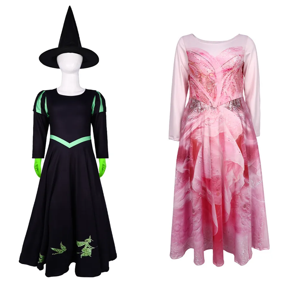 Zlá Elphaba Glinda Cosplay kostým pre deti Dievčatá Dospelé ružové šaty Čierne šaty s klobúkom pre halloweenské oblečenie
