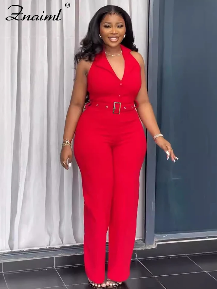 Znaiml Ženy halter backless červené kombinézy s opaskom elegantná párty voľné široké nohy nohavice Pant Rompers Fashion Birthday Club Metters