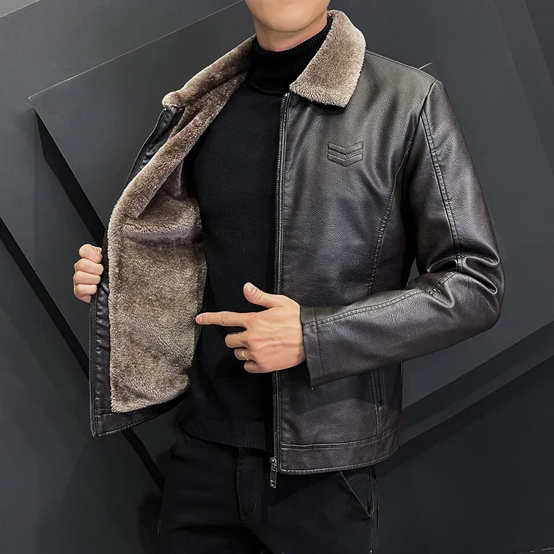 Značka kožená bunda muži Zimná móda Wheretth Zhruba klopa Solid zips dizajn kožená bunda vetru odolný