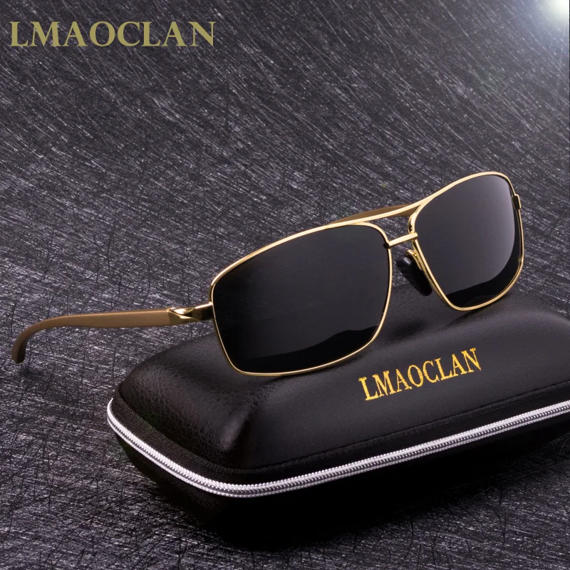 Značka LMAOCLAN Hliník horčík polarizované zlaté slnečné okuliare Men UV400 Klasické samce štvorcové okuliare Hnacie okuliare Gafas Oculos
