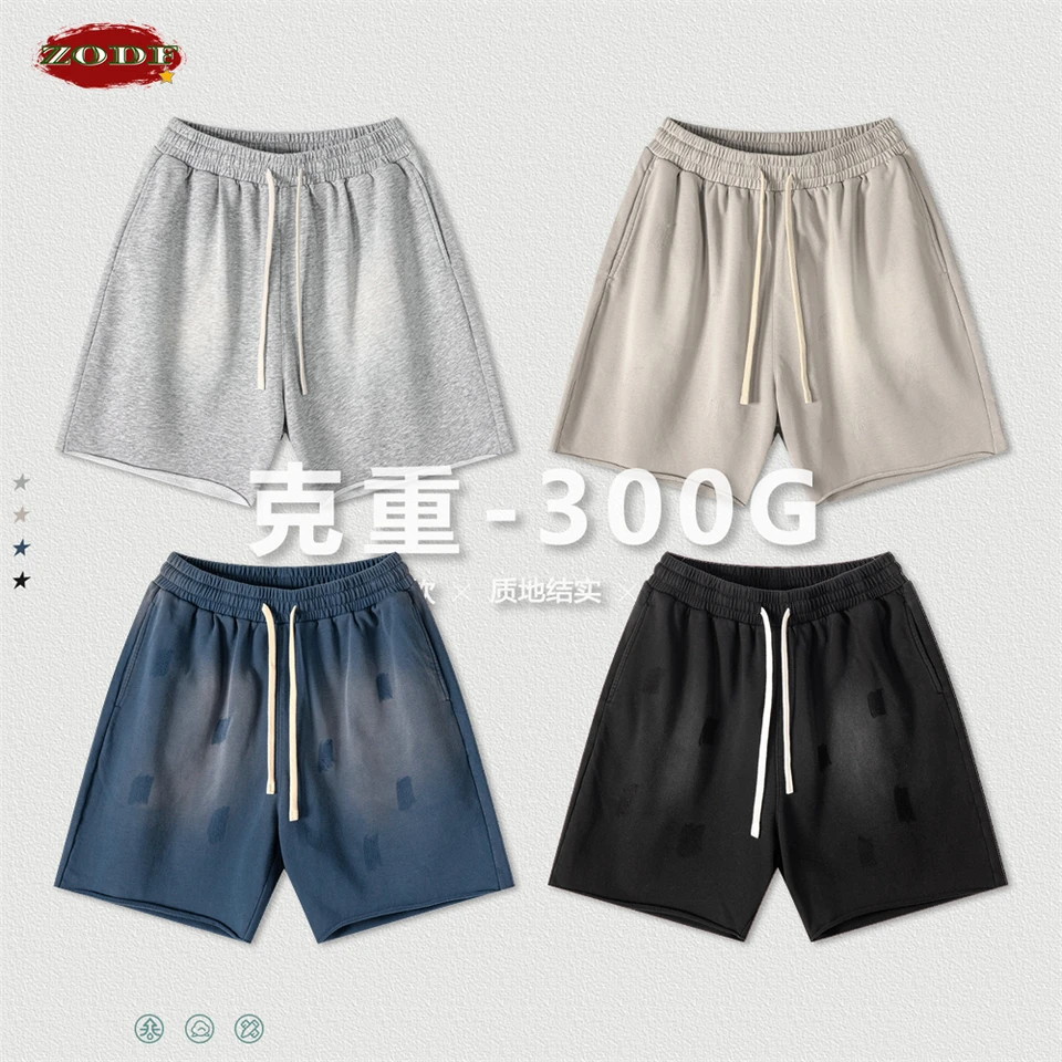 Zodf trendy jarné leto 300 gsm šortky pre mužov Unisex Retro Loose Edge Monkey Monkey Wased Krátke nohavice Streetwears HY0784