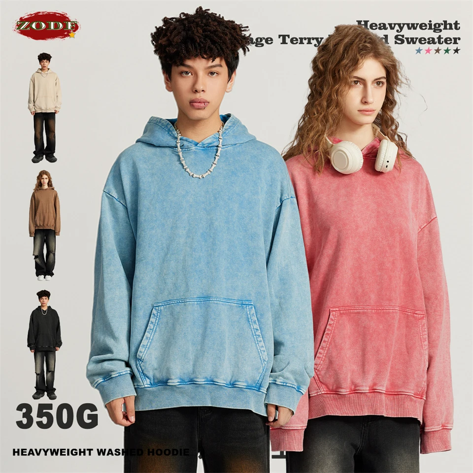 Zodf Vintage muži 350GSM Terry Batik Washed Cotton Hoodies Unisex Loose Nadmerné nadmerné kapucňové svetre PulVovers Streetwears HY0736