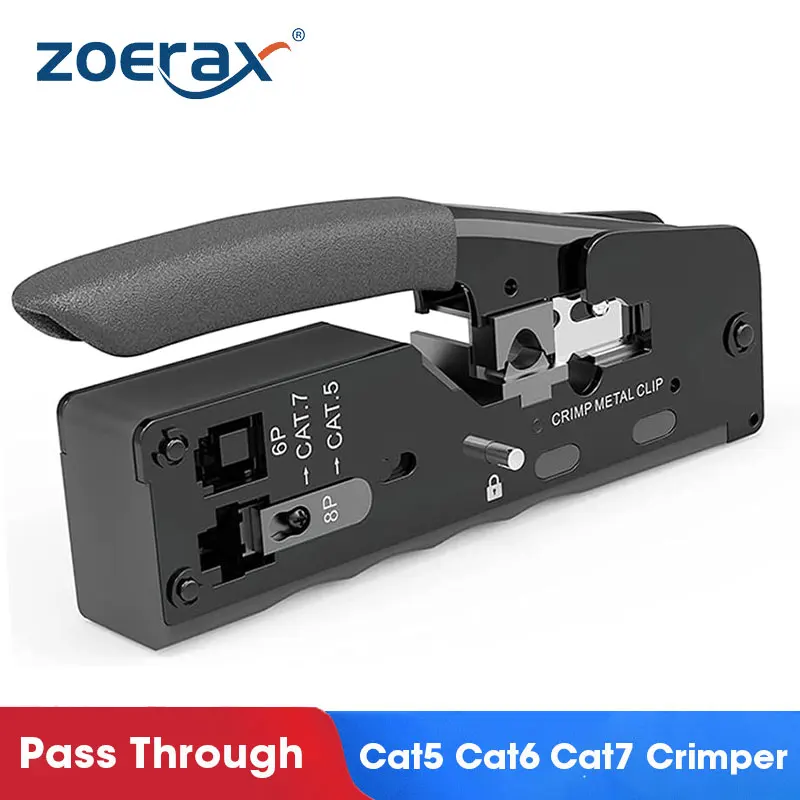 Zoerax RJ45 Crimp Tool Pass cez konektory Cripter Cutter Stripper pre CAT7 CAT6 CAT8 CAT6A CAT5E CAT5 8P8C Modulárne konce