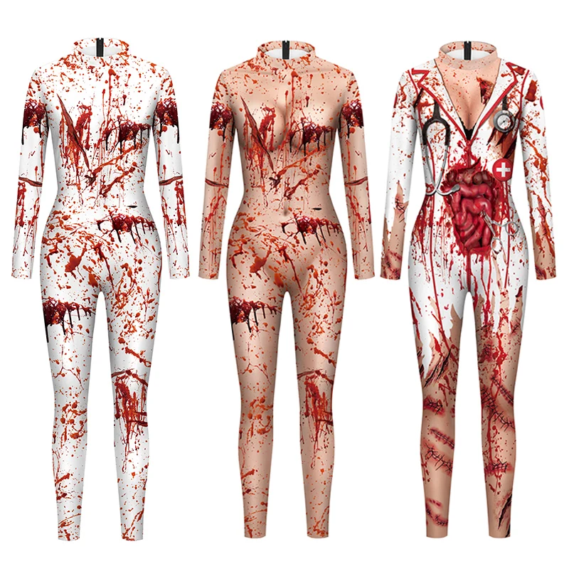 Zombies kombinézy Halloween Cosplay strašidelné kostýmy pre ženy krvavé tlač Zenti Party BodySuit Carnival Party Tesné hompery