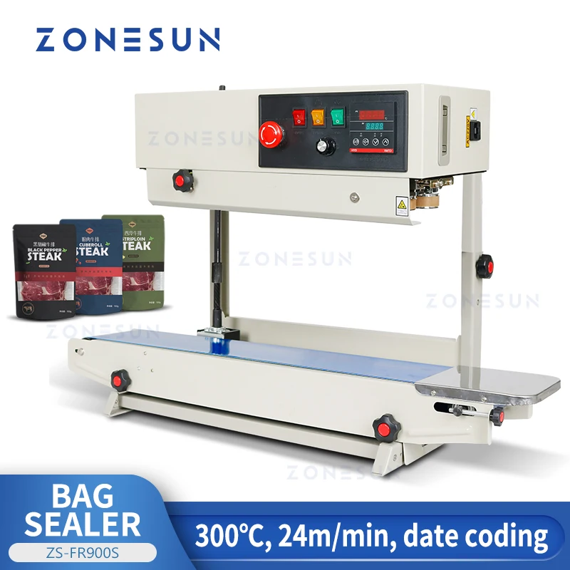 ZONESUN ZS-FR900S Vertikálny automatický kontinuálny tesniaci stroj Doypack TEALER BACKAGING SHARKATION s kódovaním dátumu