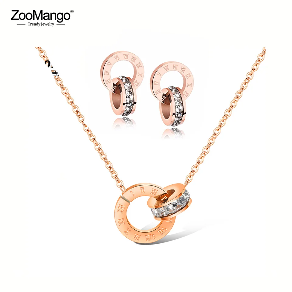 Zoomango Mosaic Cz Crystal Double Circle Pendant náhrdelník a náušnice z nehrdzavejúcej ocele Svadobné šperky pre ženy ZSE002