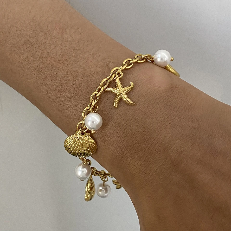 ZORA 18K Gold PVD PVD NAPLATNÁ OCELE PERL SHELL SHELFISH CULFISH O náramok náramku Ženy Waterproof Beach Jewelrry Darček