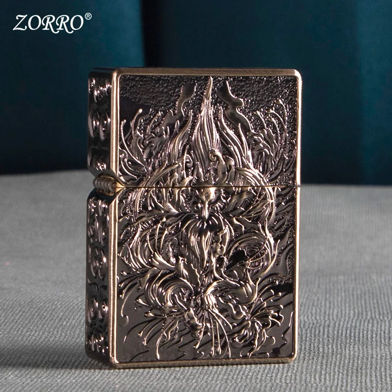Zorro Brass Armor päť tvárí socha deväť chvostov Fox petrolej ľahší klasický brúsny koleso zapaľovanie High -end Zapaľovač fajčenie