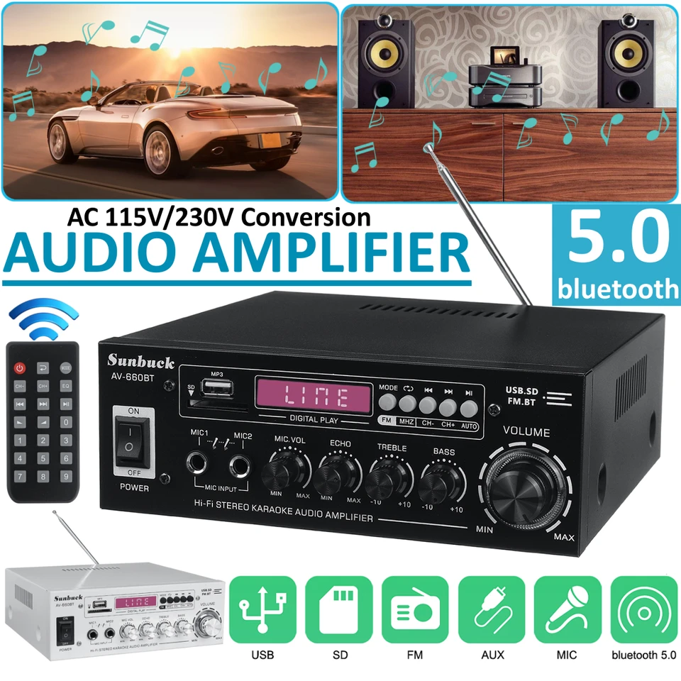 Zosilňovač vozidla 2.0 Zosilňovače domáceho divadla Audio DC 12V 110V/220V Podpora EQ FM SD USB 2 MIC 5.0 Bluetooth