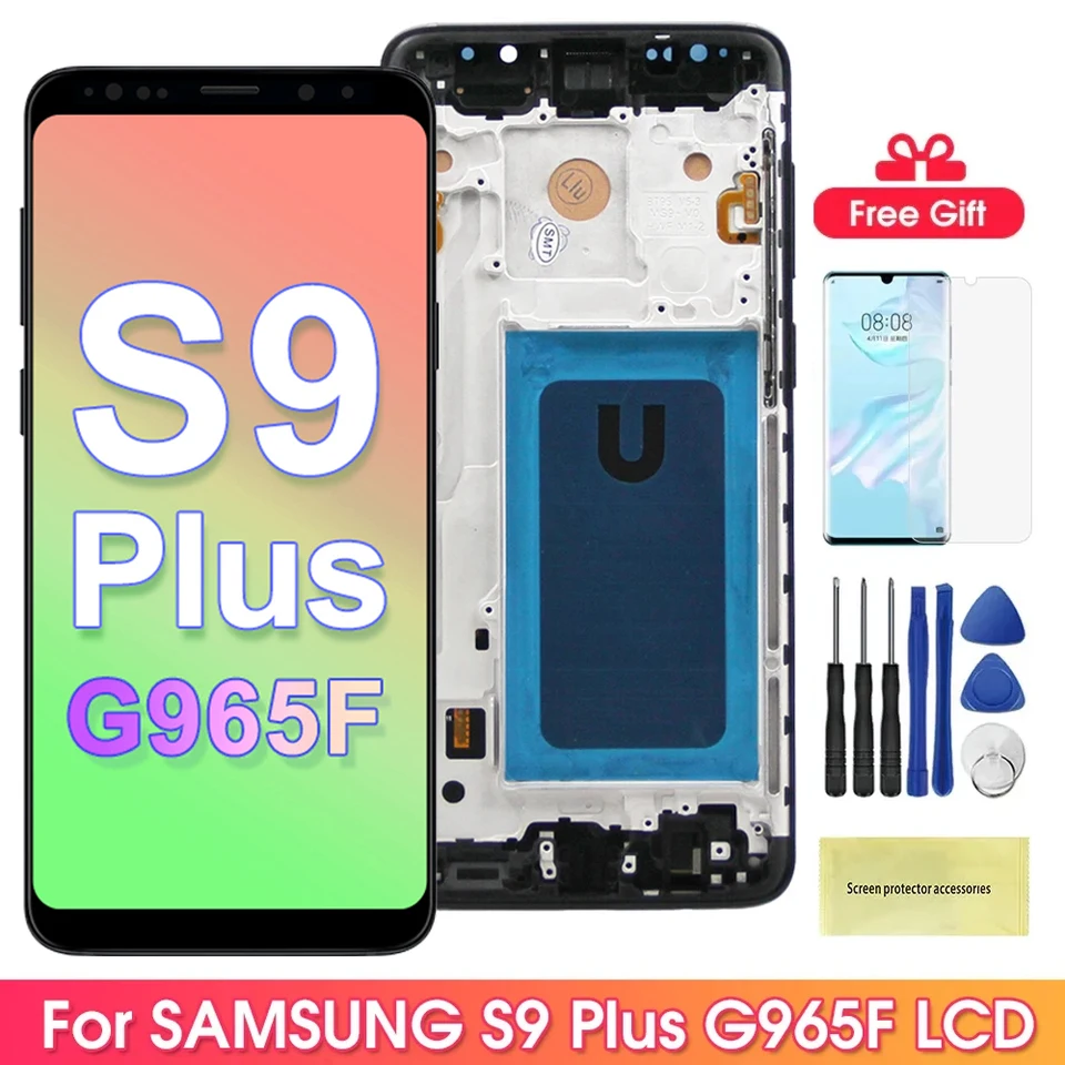 Zostava obrazovky S9 Plus pre zostavenie obrazovky pre Samsung Galaxy S9+ G965F G965F/DS LCD DIGITICKÁ DIGITÁLNA TOONT ​​SCREE s výmenou rámu