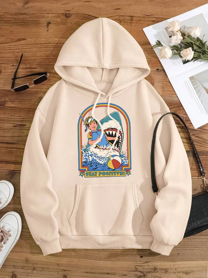 Zostaňte pozitívni, aj keď jedia žraloky Men Dámske oblečenie roztomilých mikín o krku hip hopu streetwear karikatúry teplé párové streetwear