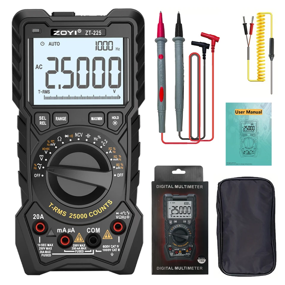 Zoyi ZT-225 25000 Počíta multimetrový inteligentný manuálny merač rozsahu NCV AC DC OHM HZ SMART MANUÁLNY ROZSAD DIGITÁLNE Multimetro tester