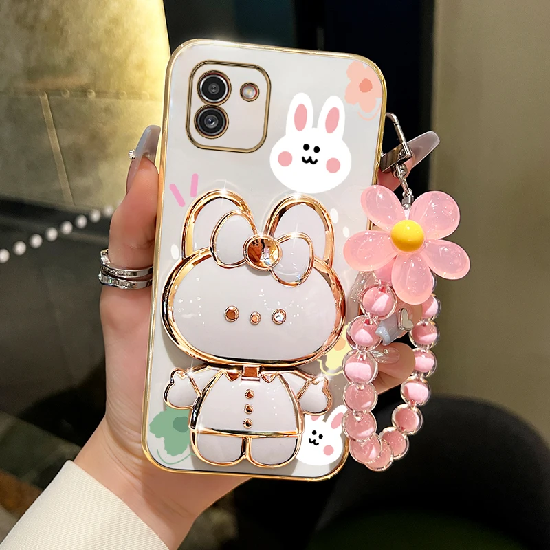 Zrkadlo kvetinového popruhu 03 kvetinové make -upové zrkadlo roztomilé puzdro na držiak na králičie telefón pre Samsung Galaxy A03 Core A03S A03Core Samsunga03 Girl Cover