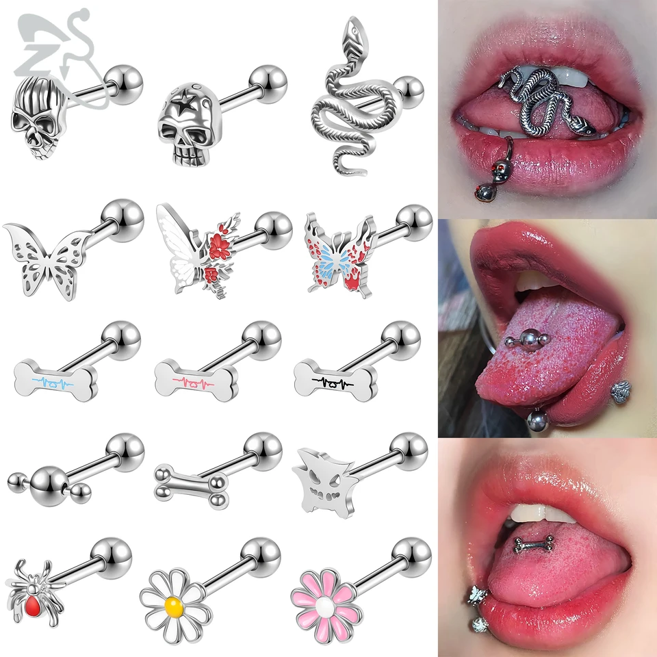 ZS 1 kus 14g z nehrdzavejúcej ocele Piercing prsteň farebný motýľový kosť jazyk Stud punk lebka hadí tela piercing šperky
