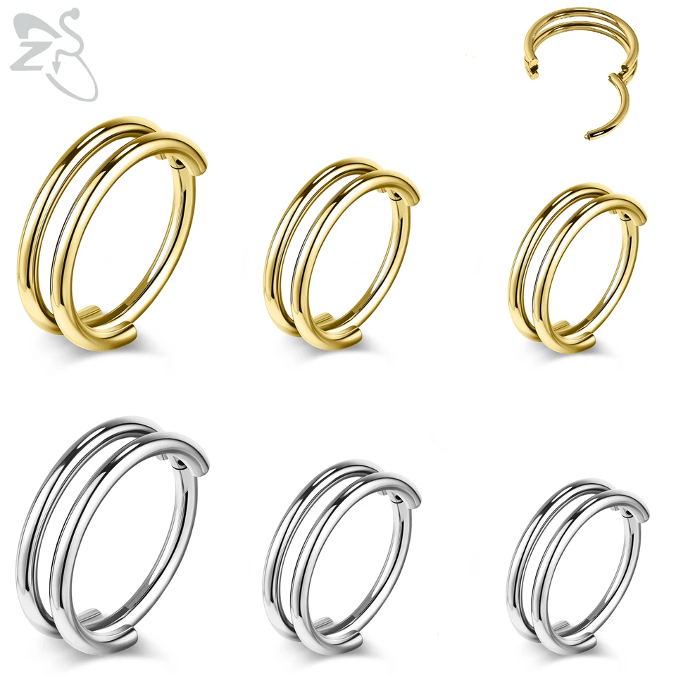 ZS 1PC Zlatá farebná septa kruhový kruhový kruhový nos Piercing z nehrdzavejúcej ocele klikačka nosa dvojvrstvový obyčajný kruh chrupavky Piercing