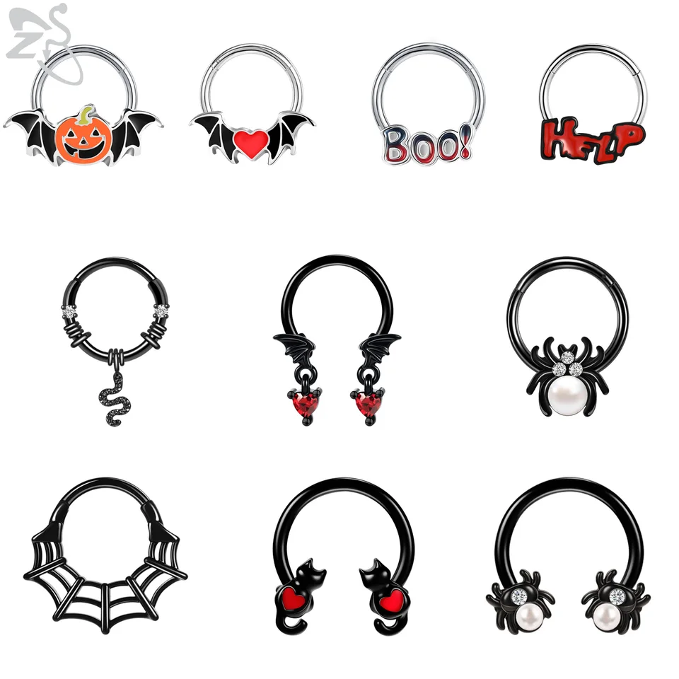 ZS 1PC Čierna farba septum prsteň hadí pumpkin netopierové nosenie piercing z nehrdzavejúcej ocele klikačka nosa uší špirála chrupavka Piercing 16g