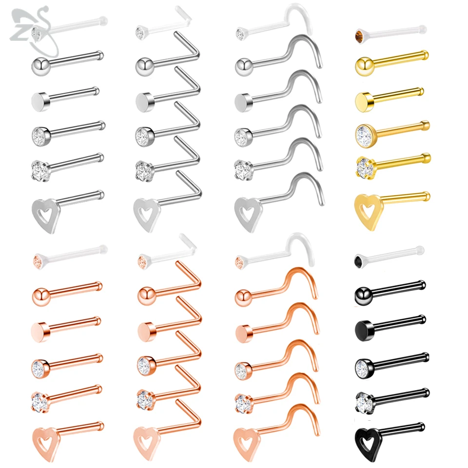 ZS 6ks/šarža z nehrdzavejúcej ocele Nosc Piercing Men Cz Crystal Heart Ball Nose Studs Stručne držiak PIN L tvar nosné dierovanie šperky 20 g
