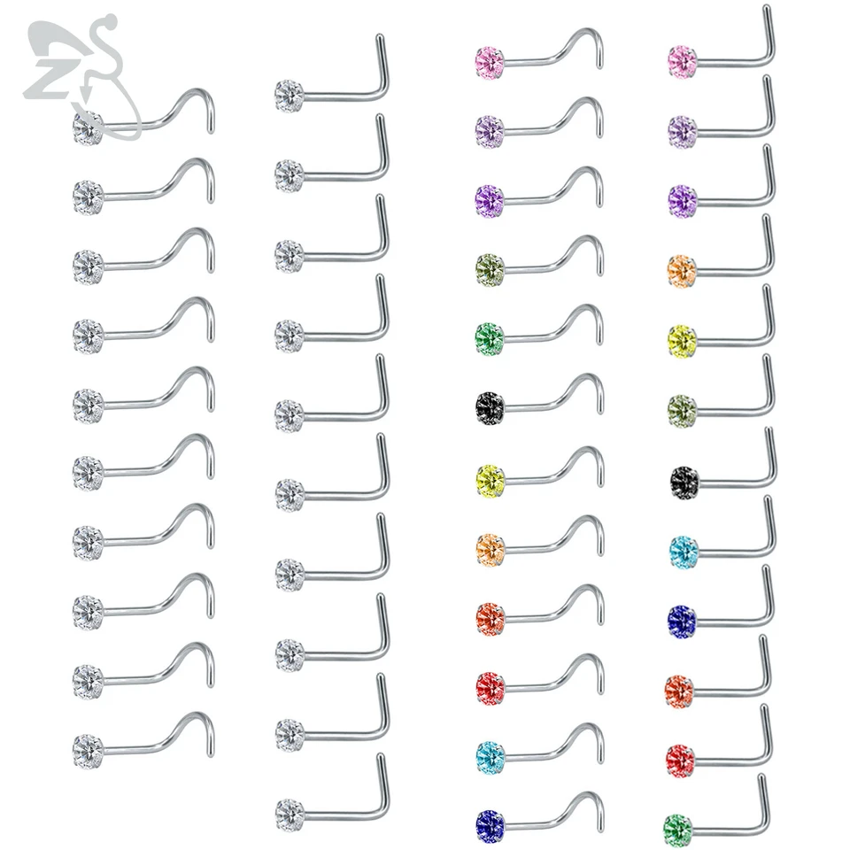 ZS 8-14ks/šarža z nehrdzavejúcej oceľovej nosnej sety set 2 mm farebné czryštalické nosové piercingy skrutkovacia skrutka L tvar dierky piercing šperky 20 g